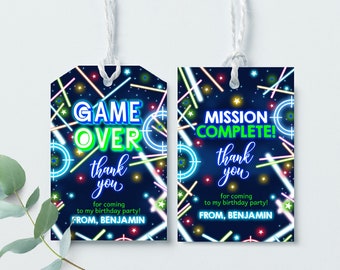 Laser Tag Favor Tags Boy Gamer Birthday Gift Tags Kids Tag Party Neon Glow Blue Rainbow Arcade Game Thank You Tags Printable BT63B
