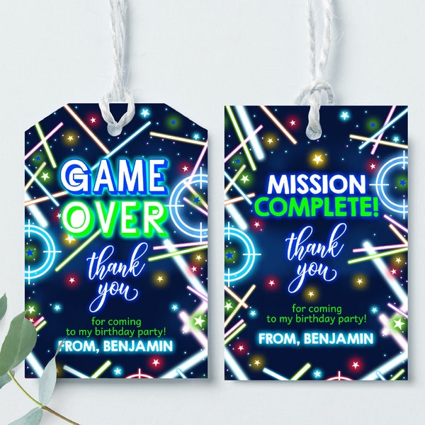 Laser Tag Favor Tags Boy Gamer Birthday Gift Tags Kids Lazer Tag Party Neon Glow Blue Rainbow Arcade Game Thank You Tags Printable BT63B