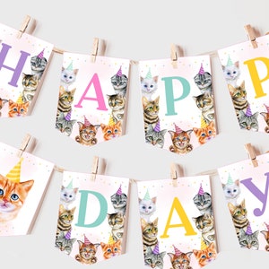 Kat Verjaardag Banner Meisje 1e Verjaardag Decor Pink Kitty Cat Feestbeesten Slinger BEWERKBARE Vlaggenlijn BT80P