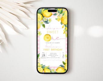 Invitation numérique d'anniversaire citron Evite Sweet One, limonade rose, fleurs d'agrumes, été, téléphone portable, texte électronique, inviter MODIFIABLE AT79P