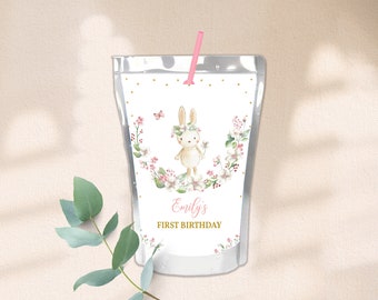 Bunny Birthday Juice Pouch Labels Boy Girl 1st Birthday Party Decor Easter Rabbit Drink Label Pink Gold Flower Spring Floral Printable BT60P