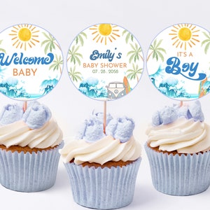 Adornos para cupcakes de baby shower con tema de surf, bebé a bordo, decoración para fiesta en la playa, furgoneta de surf retro, etiquetas para postres con olas oceánicas, imprimibles BS52B