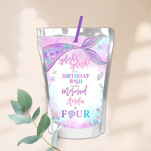 Pochette de jus de sirène étiquettes 1er anniversaire fille cadeaux sous la mer princesse magique violet sarcelle or queue boissons étiquettes imprimables BT48V