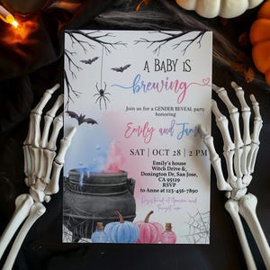 Halloween Gender Reveal Invitation A Baby is Brewing Witch Shower Invite Blue Pink Cauldron Smoke Spooky Gothic Fall Party EDITABLE BS66M