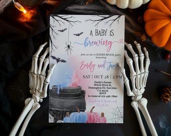 Invitación para revelar el género de Halloween: Un bebé está gestando una fiesta de brujas con humo de caldero azul y rosa, fiesta gótica espeluznante de otoño, EDITABLE BS66M