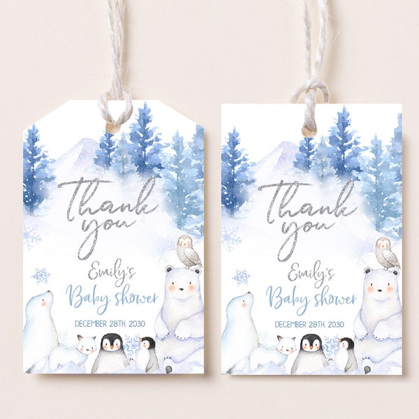 Winter Wonderland Favor Tags Winter Baby Shower Boy Gift Tags Polar Bear Arctic Animals Woodland Snowflakes Thank You Tags Printable BS06B