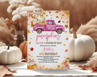 Little Pumpkin Truck Birthday Invitation Fall Pumpkin Patch Invite Girl Pink Truck Party Autumn Leaves Stacks of Hay Harvest EDITABLE AT09P