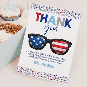 4 juli bedankkaart Fourth of July bedankbriefje patriottische verjaardagsfeestje gunsten rood witte en blauwe sterren en strepen afdrukbare HL29
