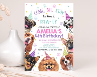 May include: A colorful invitation for a 4th birthday party with a paw-ty theme. The invitation features a variety of dog breeds wearing party hats and surrounded by paw prints and confetti. The text on the invitation reads "Come, Sit, Stay. It's time to Paw-ty. Join us to celebrate Amelia's 4th Birthday!" with details about the date, time, location, and RSVP information.