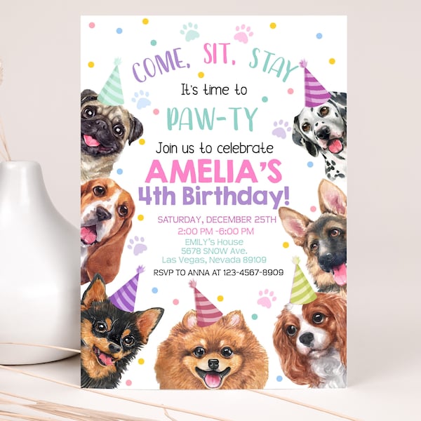 Invitación de cumpleaños de perro niña 1a primera fiesta de cumpleaños invitar a cachorro rosa Pawty fiesta de adopción de mascotas animales tema ven a sentarse y quedarse EDITABLE BT51P