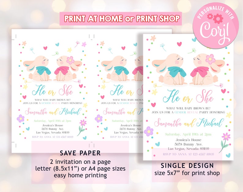 Easter Bunny Gender Reveal Invitation Party Invites Little Etsy