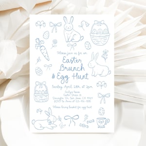 Zaproszenie na wielkanocny brunch i polowanie na jajka Doodle, rysowane ręcznie zaproszenie na przyjęcie z królikiem, ręcznie pisane bazgroły, fantazyjne niebieskie koszyki z króliczkami, EDYTOWALNE HL82B