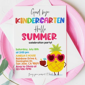 Goodbye Kindergarten Hello Summer Invitation End of Preschool Party So Long School Invites School's Out EDITABLE Digital Printable HL27