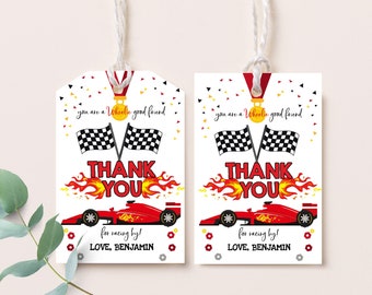 Etiquetas de recuerdo de coche de carreras, dos etiquetas de regalo rápidas para fiesta de segundo cumpleaños de niño, etiquetas de agradecimiento, etiquetas de bolsa de golosinas de carreras retro, plantilla de calcomanía imprimible BTD023