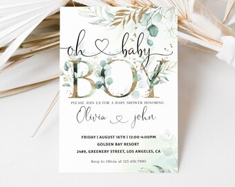 May include: A baby shower invitation with a green and gold watercolor design. The invitation says "oh baby boy" and includes the names Olivia and John. The invitation also includes the date, time, and location of the shower.