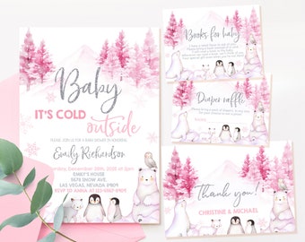 Könnte beinhalten: Rosa-weiße Babyparty-Einladung mit Winterthema. Die Einladung zeigt einen Berg, Bäume und Tiere. Der Text lautet "Baby It's Cold Outside" und enthält den Namen "Emily Richardson".