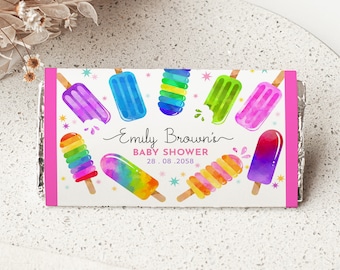 May include: A pink and white baby shower invitation featuring a watercolour design of colourful popsicles. The text reads "Emily Brown's Baby Shower 28.08.2058".