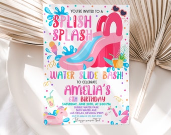 Waterslide Birthday Invitation Boy Girl 1st Birthday Party Invite Pink Water Slide Summer Pool Party Splish Splash Bash EDITABLE BT77P