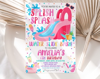 Waterslide Birthday Invitation, Summer Pool Party Invite, Girl Pink Water Slide, Splish Splash Bash, Waterpark Unicorn EDITABLE BT77P