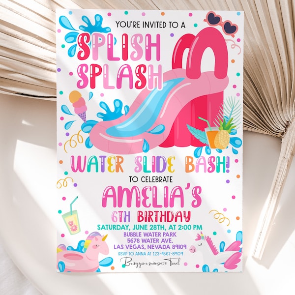 Waterslide Birthday Invitation Boy Girl 1st Birthday Party Invite Pink Water Slide Summer Pool Party Splish Splash Bash EDITABLE BT77P