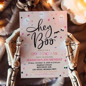 Halloween Birthday Invitation Hey Boo Girl First 1st Birthday Invite Spooktacular Party Pink Ghost Cute Spooky One Theme EDITABLE AT08P