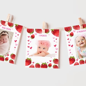 Banner mensal de fotos de morango, decoração para festa de 1º aniversário de menina, Berry Sweet One, 12 meses, bandeirinha, EDITÁVEL BT37P