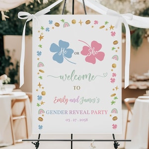 Cartel de bienvenida para el Día de San Patricio con revelación de género, pequeño amuleto de la suerte, póster para baby shower, decoración de fiesta de embarazo con trébol, porche, EDITABLE GR07M