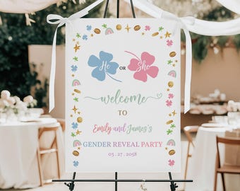 Cartello di benvenuto per la rivelazione del sesso del bambino a tema San Patrizio, piccolo portafortuna, poster per baby shower, decorazioni per feste a tema trifoglio e gravidanza, modificabile GR07M
