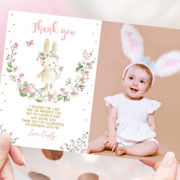 Bunny Birthday Photo Thank You Card Boy Girl 1st Easter Party Thank You Note Blush Pink Gold Flower Spring Floral Rabbit Printable BT60P