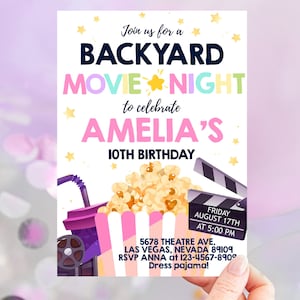 Backyard Movie Night Birthday Invitation Under The Stars Invite Girls Outdoor Slumber Party Cinema Sleepover Party Popcorn EDITABLE BT05W