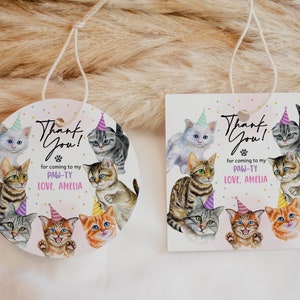 Étiquettes de cadeau d'anniversaire chat, 1er anniversaire de fille, étiquettes de remerciement rose Kitty Cat, fêtards, étiquettes pour cadeaux imprimables BT80P
