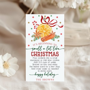 May include: A white rectangular tag with the text "IT'S BEGINNING TO SMELL A LOT LIKE CHRISTMAS" and instructions. The tag features illustrations of an orange slice, cinnamon stick, and star anise, with a red ribbon and festive accents.