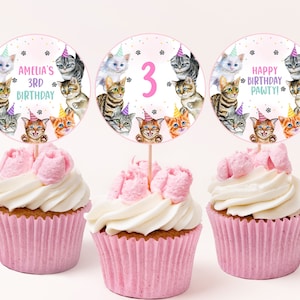 Topper per cupcake a forma di gatto, decorazione per il primo compleanno di una bambina, etichetta per dessert stampabile con motivo a gatti rosa e animali da festa, BT80P