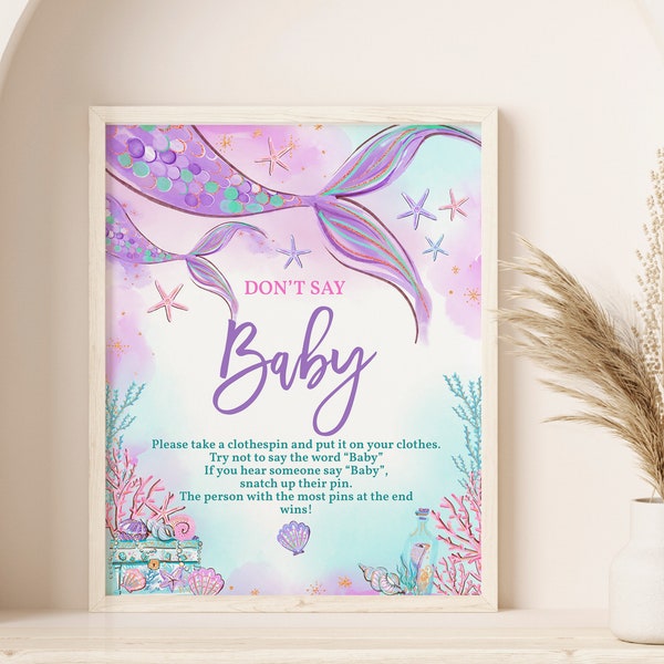 Mermaid Baby Shower Table Sign Don't Say Baby Game Under The Sea Party Decor Girl Princess Purple Teal Gold Pink Mermaid Tail EDITABLE BS37V