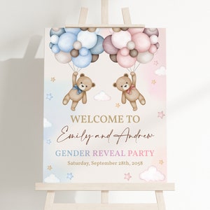 Panneau de bienvenue indiquant le sexe de l'ours en peluche Ours rose et bleu, affiche de baby shower, lui ou elle, signe de jardin neutre, porte de porche, modifiable BS21M