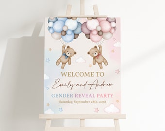 Teddy Bear Gender Reveal Welcome Sign Pink and Blue Bear Baby Shower Poster He or She Yard Sign Neutral Party Porch Door EDITABLE BS21M