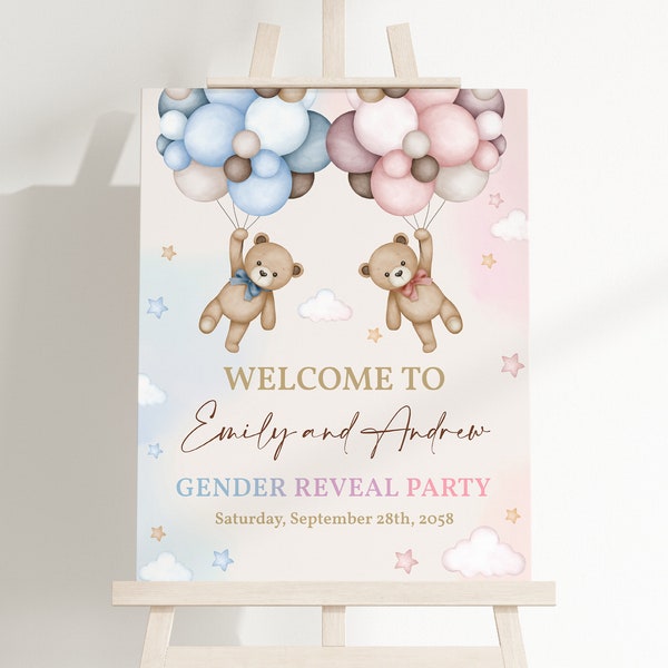 Teddybeer geslacht onthullen welkom teken roze en blauwe beer baby shower poster hij of zij tuin teken neutrale partij veranda deur BEWERKBARE BS21M