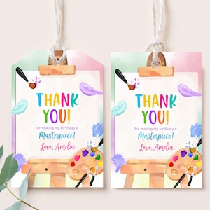 Etiquetas de lembrança de aniversário de arte, pintura, etiquetas de presente para festa, decoração de 1º aniversário para menina, aquarela, arco-íris, tinta, festa, artesanato, etiquetas de agradecimento para impressão BT75P