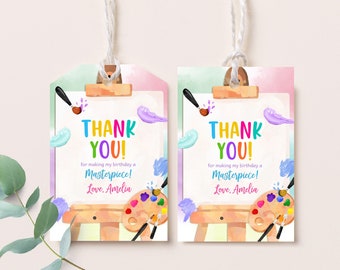 Art Birthday Favor Tags Painting Party Gift Tags Girl 1st Birthday Decor Watercolor Rainbow Paint Party Craft Thank You Tags Printable BT75P