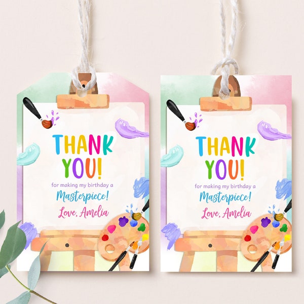 Art Birthday Favor Tags Painting Party Gift Tags Girl 1st Birthday Decor Watercolor Rainbow Paint Party Craft Thank You Tags Printable BT75P