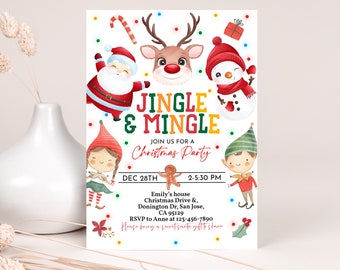 May include: A Christmas party invitation with a festive design featuring Santa Claus, a reindeer, a snowman, an elf, and a gingerbread man. The text reads "Jingle & Mingle" and "Join us for a Christmas Party". The date and time of the party are listed as "Dec 28th 2-5:30 PM".