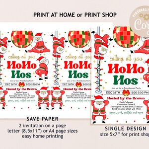 Pu&ograve; includere: Un invito a una festa di Natale stampabile con un Babbo Natale dei cartoni animati in un abito rosso che tiene una palla da discoteca. Il testo sull'invito recita "calling all you HoHo Hos" e include i dettagli per una festa di Friendsmas il 28 dicembre dalle 14:00 alle 17:30. L'invito &egrave; organizzato dalla famiglia Brown e include l'indirizzo, le informazioni RSVP e un elenco di attivit&agrave; come giochi, cibo e cocktail.