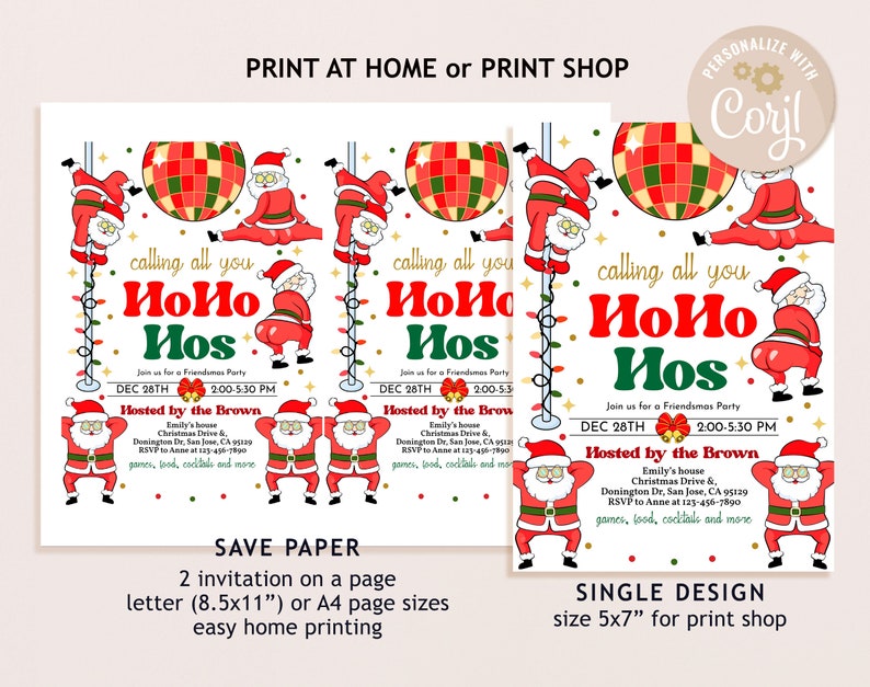 Pu&ograve; includere: Un invito a una festa di Natale stampabile con un Babbo Natale dei cartoni animati in un abito rosso che tiene una palla da discoteca. Il testo sull'invito recita "calling all you HoHo Hos" e include i dettagli per una festa di Friendsmas il 28 dicembre dalle 14:00 alle 17:30. L'invito &egrave; organizzato dalla famiglia Brown e include l'indirizzo, le informazioni RSVP e un elenco di attivit&agrave; come giochi, cibo e cocktail.