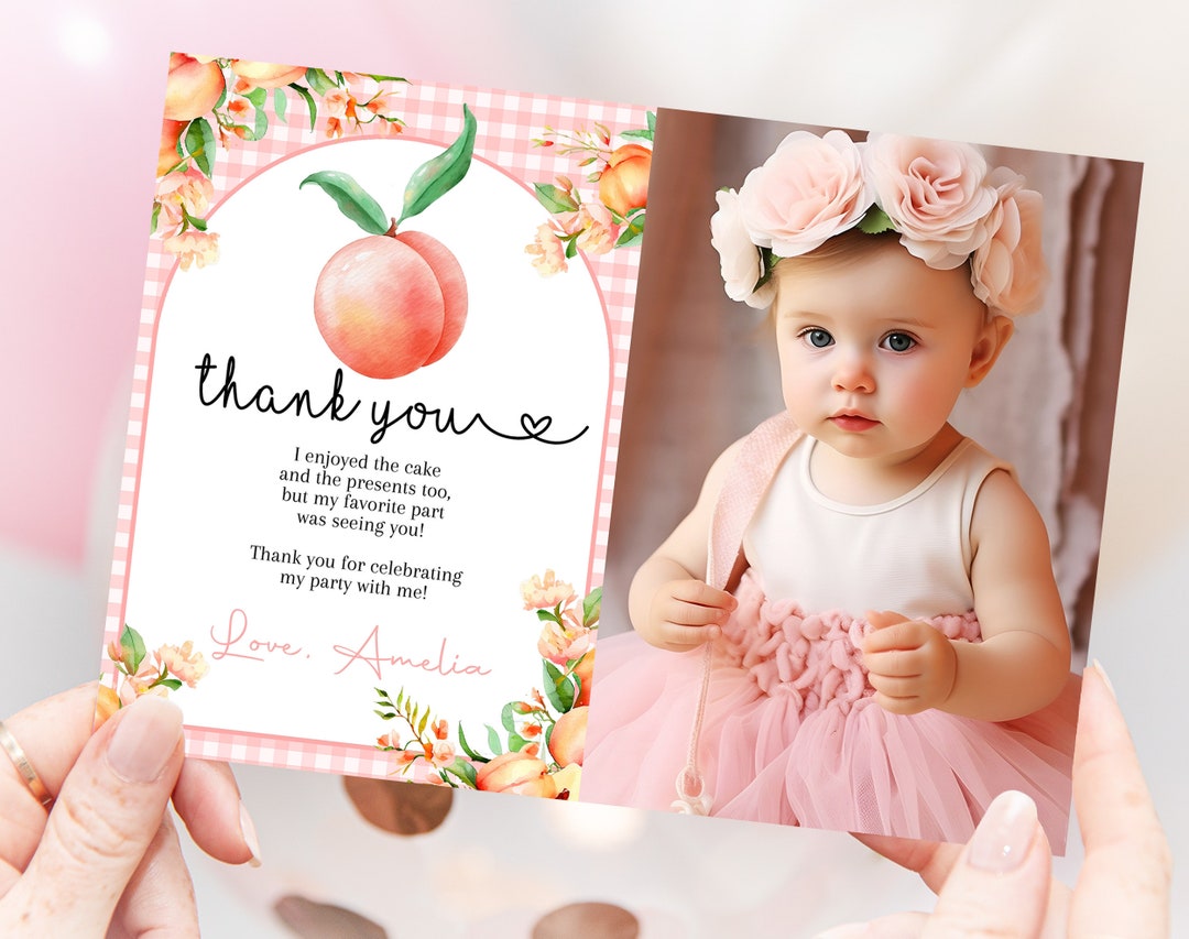 Peach Birthday Thank You Card With Photo ONE Sweet as A Peach Girl 1st ...