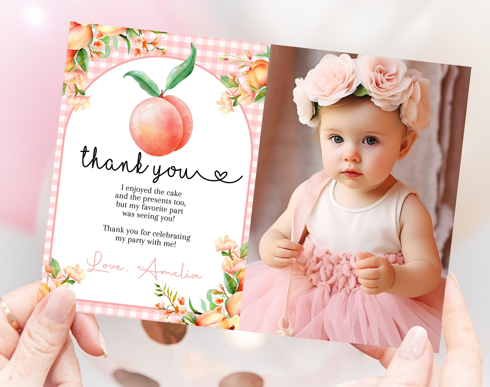 Peach Birthday Thank You Card With Photo ONE Sweet as A Peach Girl 1st ...