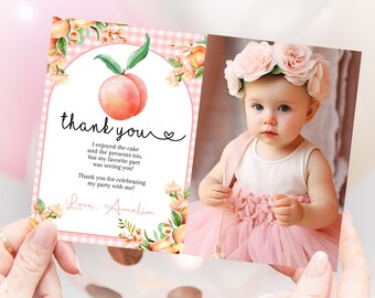 Peach Birthday Thank you Card with Photo ONE Sweet As A Peach Girl 1st Birthday Thank You Note Pink Gold Floral Summer Party EDITABLE AT05