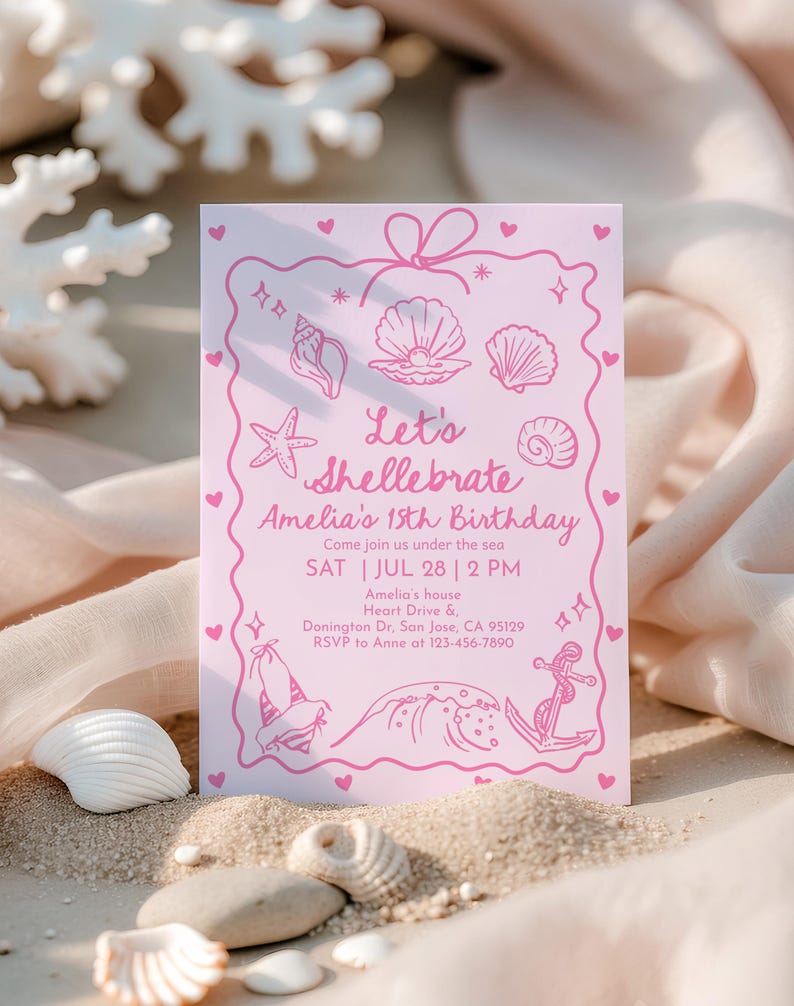 Shellabrate Spring Pink Seashell Birthday Invitation, Coastal Beach Girl 15th Invite, Let ...