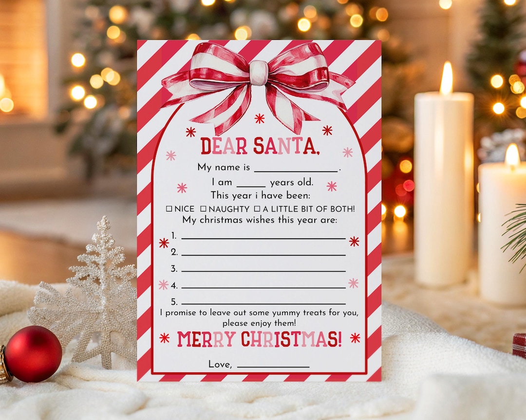 Letter to Santa With Red Bow Stripes, Christmas Wish List Printable ...