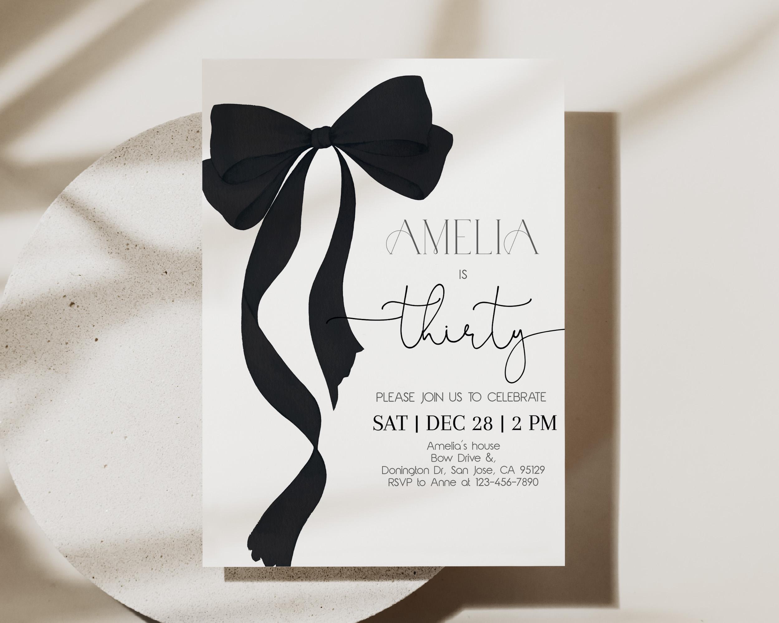Black Bow Birthday Invitation Minimalist Black Ribbon Coquette 30th Birthday Party Invite Cheers to Thirty Elegant Bow Theme EDITABLE AT63K