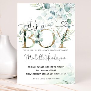 Greenery Baby Shower Invitation EDITABLE Eucalyptus Invite It&#39;s a Boy Monstera Leaf Jungle Glitter Gold INSTANT DOWNLOAD Template BBS002